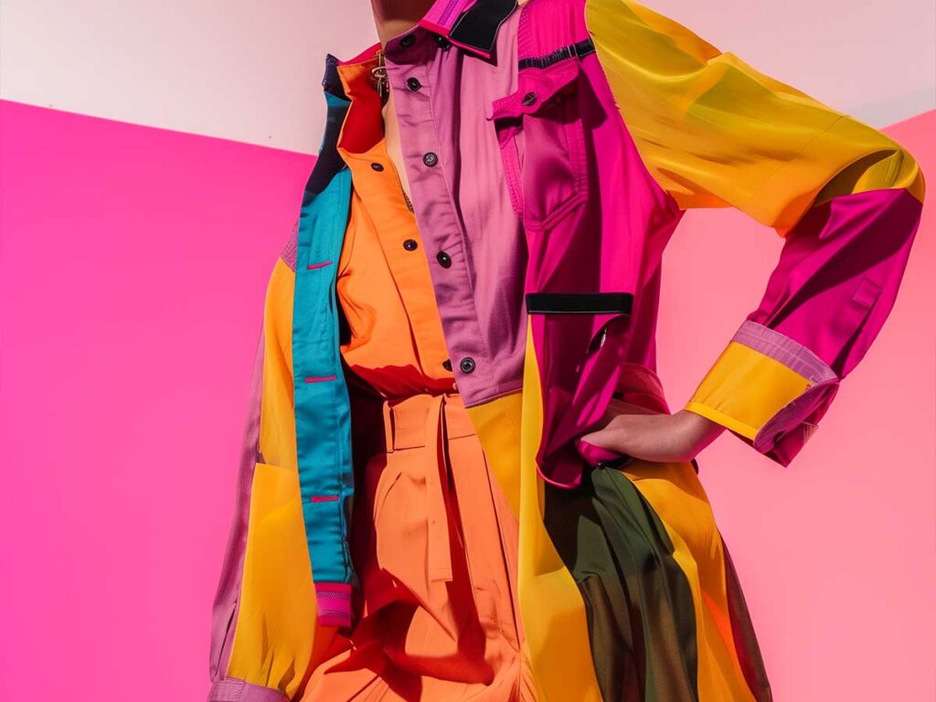 Ejemplo de maquetación visual para proyecto editorial con fotografía de moda y composición cromática profesional.