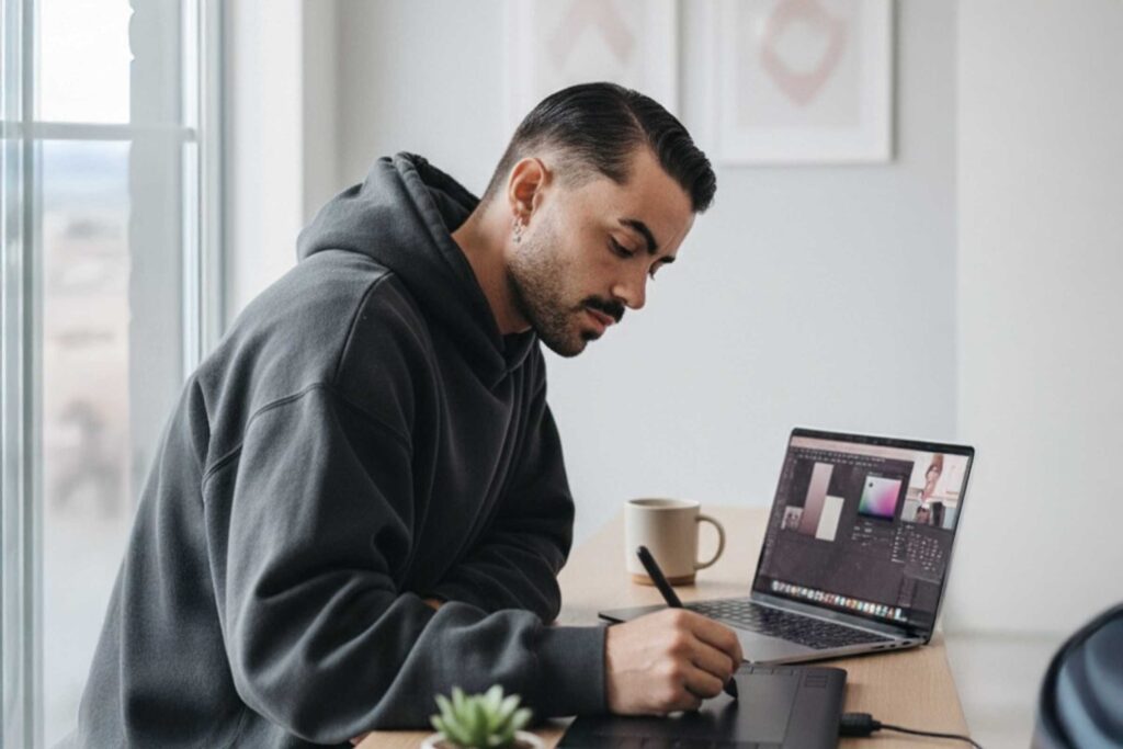 Diseñador gráfico trabajando en un proyecto de branding con tablet y portátil.