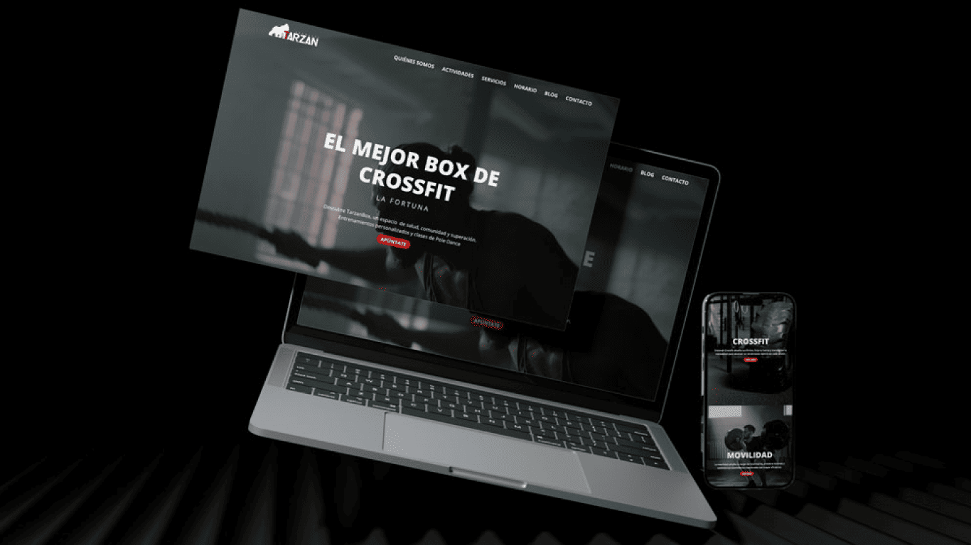 Diseño web responsive para box de CrossFit, con identidad visual moderna y estructura adaptable a dispositivos móviles.