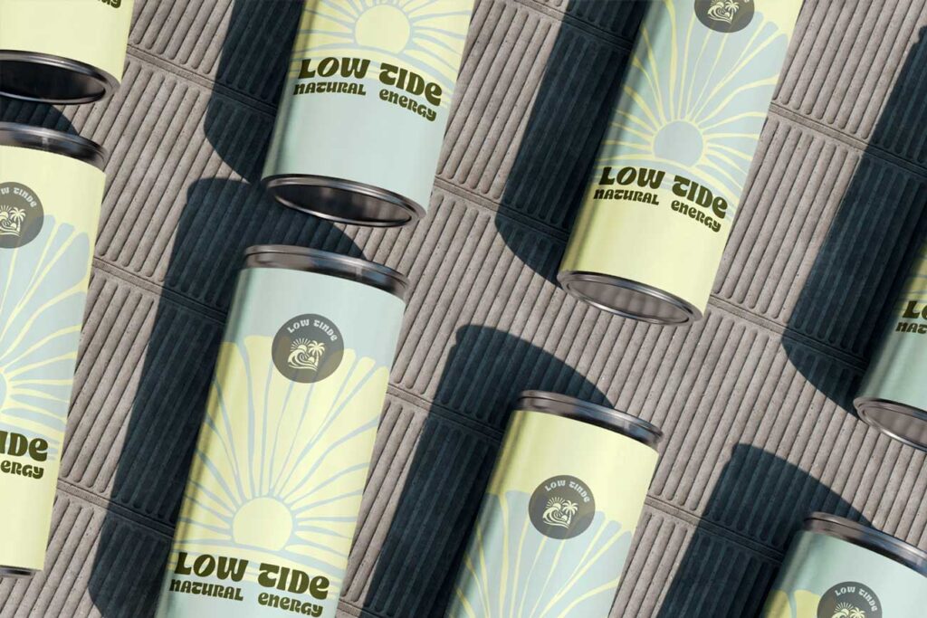 Latas de refresco con diseño gráfico inspirado en el sol y las olas, identidad visual moderna y estilo surf relajado.