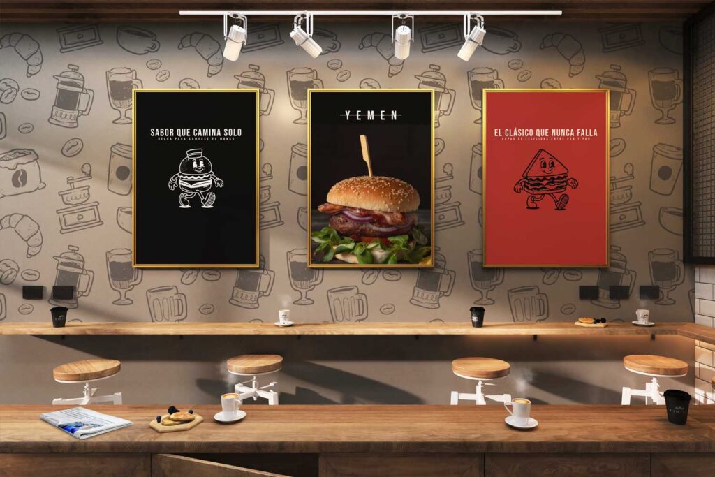 Cartelería gastronómica para restaurante con diseño moderno y comunicación visual atractiva.