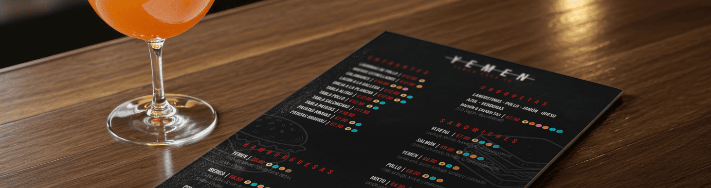 Diseño de carta para el bar Yemen con fondo negro y tipografía moderna, menú de cócteles con estilo visual elegante y contemporáneo.