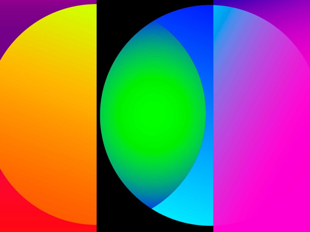 Composición de formas geométricas superpuestas en tonos del arcoíris, ejemplo de cartelería creativa para el orgullo LGTBI+.