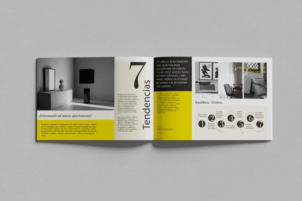 Maquetación de revista impresa con tipografía moderna y uso del color amarillo en diseño contemporáneo.