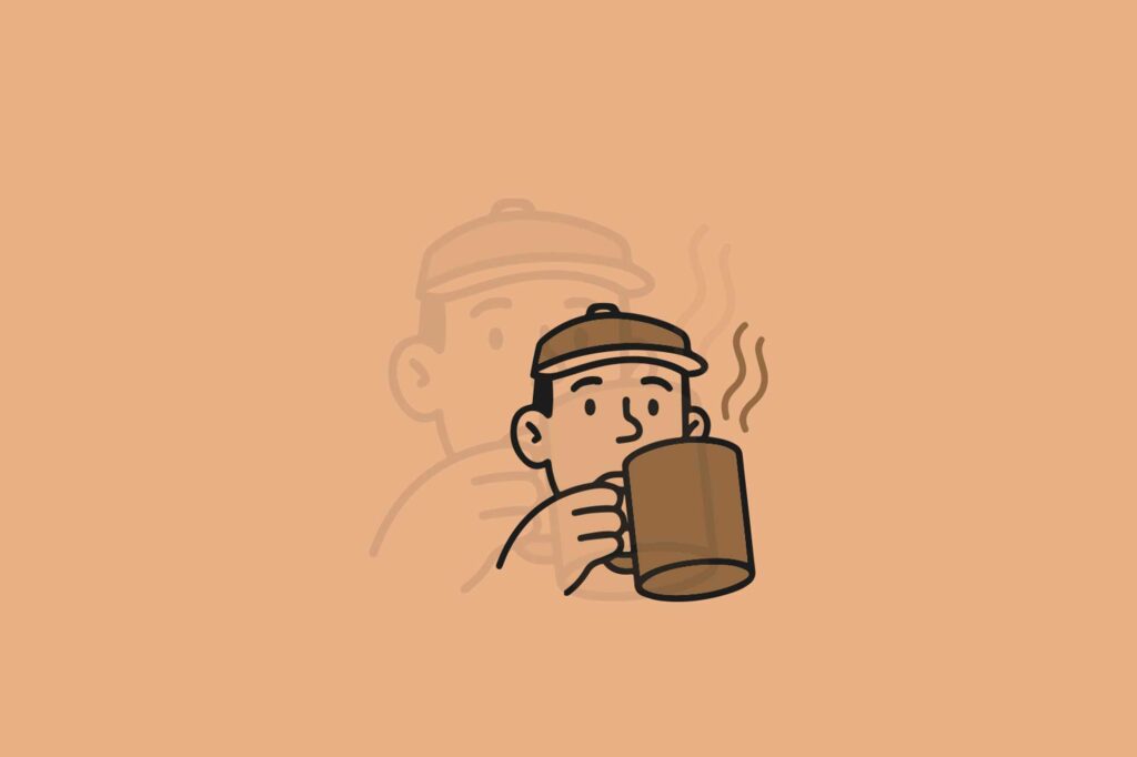 Ilustración minimalista de un personaje sosteniendo una taza, realizada con trazo limpio y estética retro para comunicar cercanía y autenticidad.