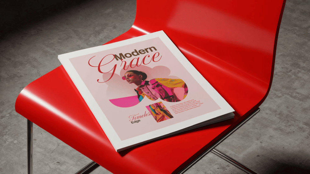 Revista de moda con diseño editorial moderno y colorido, ejemplo de maquetación gráfica contemporánea sobre fondo rojo.