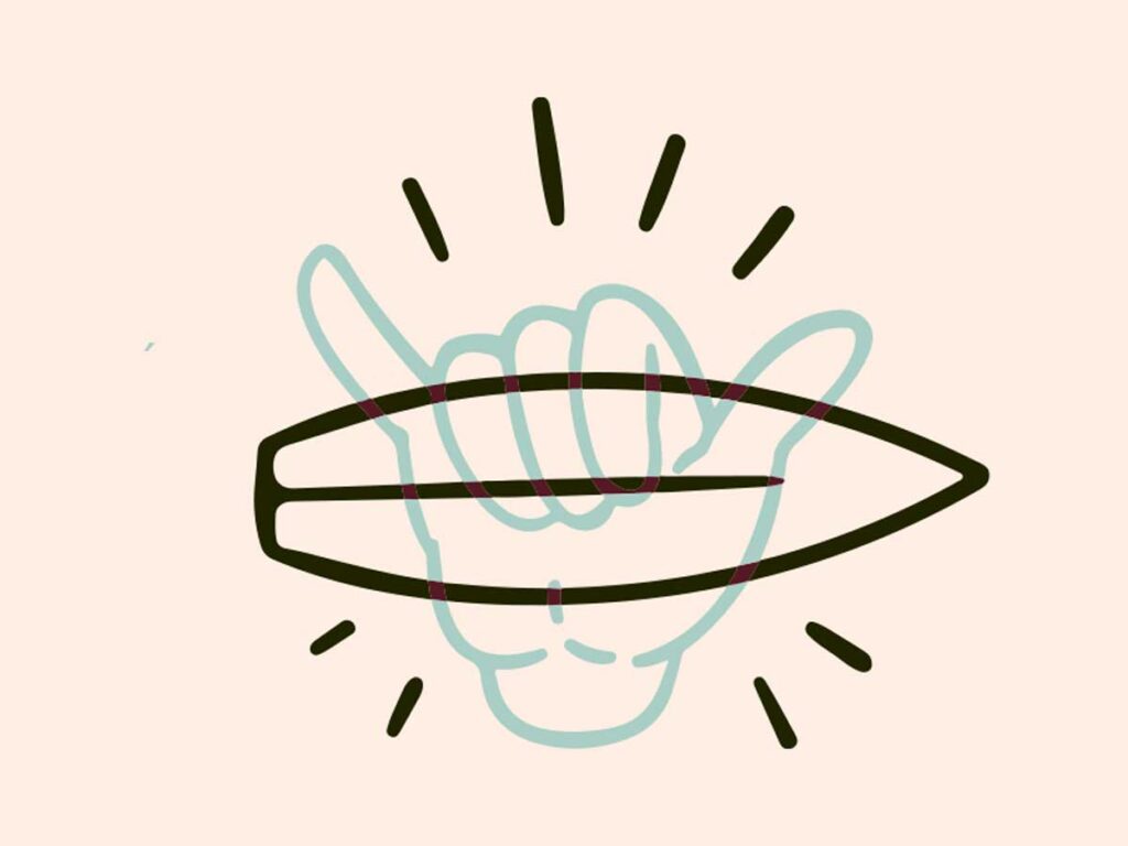 Ilustración lineal de mano haciendo gesto shaka con tabla de surf, diseño gráfico minimalista del proyecto Low Tide.