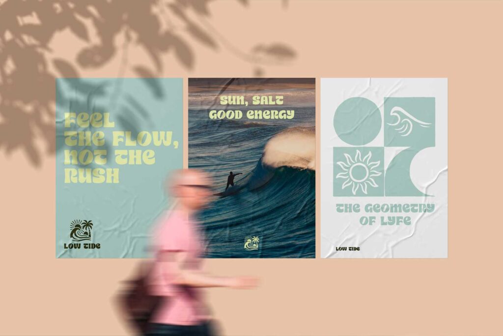 Composición de carteles y piezas gráficas del proyecto Low Tide, identidad visual con estética surf, colores naturales y tipografía retro.