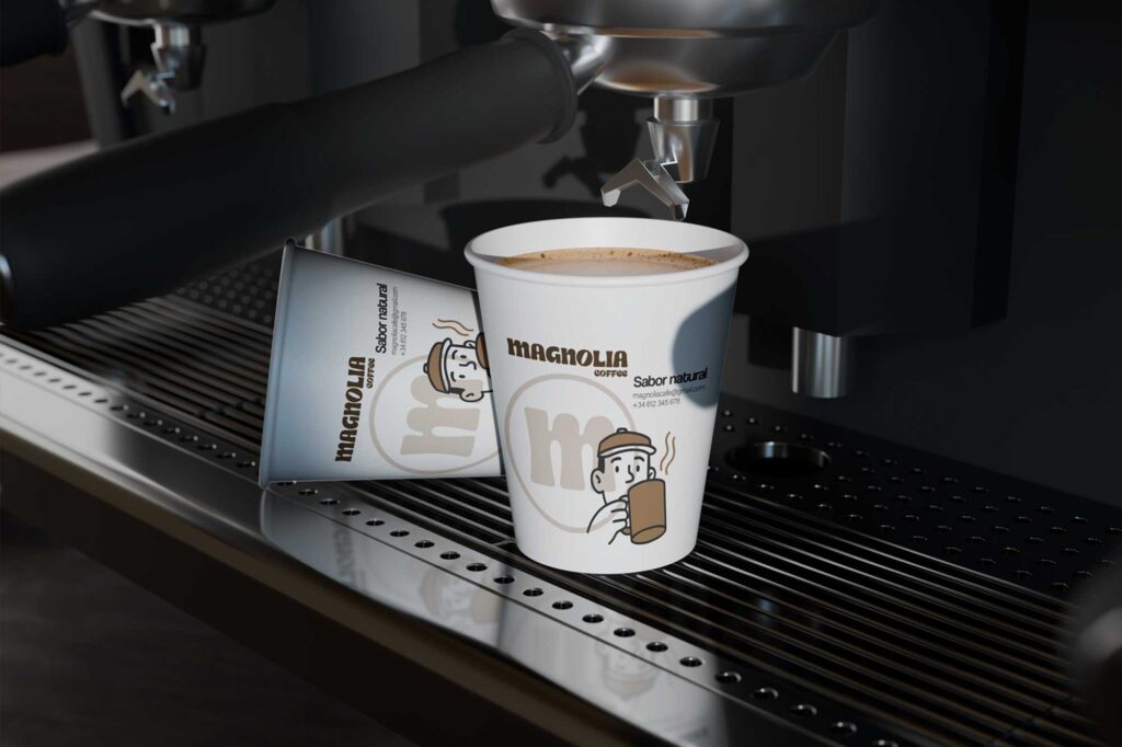 Diseño de vasos desechables personalizados con ilustraciones minimalistas, muestra de coherencia gráfica y atención al detalle.