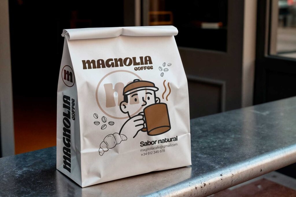 Bolsa de papel con ilustración minimalista impresa, ejemplo de packaging personalizado con coherencia visual y estilo artesanal.