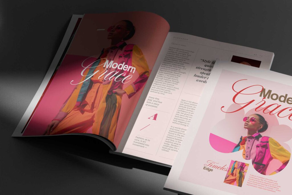 Maquetación de doble página en revista creada con Adobe InDesign, ejemplo de composición editorial profesional.