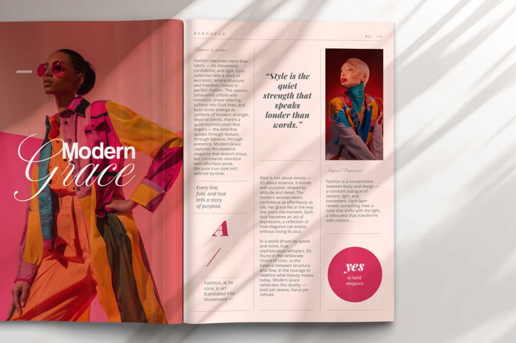 Maquetación de páginas interiores con retícula editorial y composición de texto profesional.