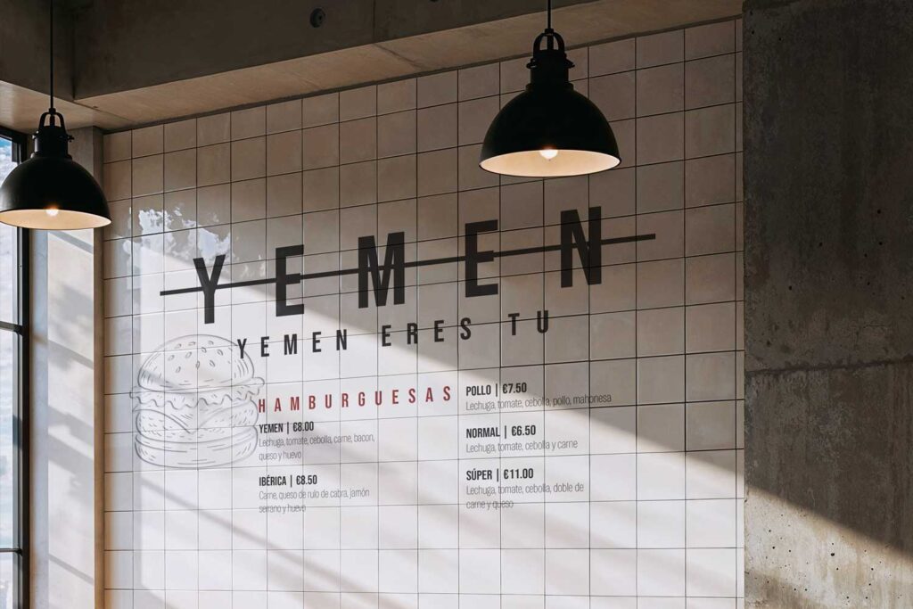 Diseño de carta mural para restaurante tipo hamburguesería con estilo gráfico minimalista.
