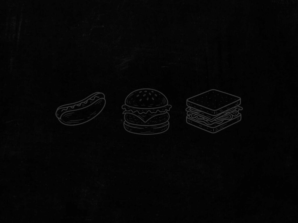 Diseño de iconos gastronómicos para carta de restaurante, con ilustraciones de hamburguesas y sándwiches.