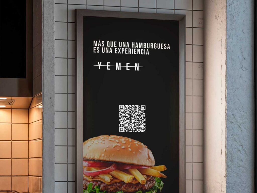 Diseño de cartel publicitario para restaurante con imagen de hamburguesa y código QR de menú digital.