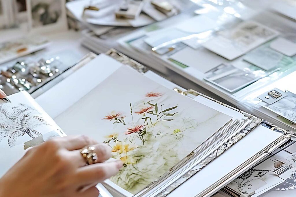 Collage de ilustraciones con diferentes ideas de flores y arreglos florales para una boda, utilizadas como referencia visual para el diseño.